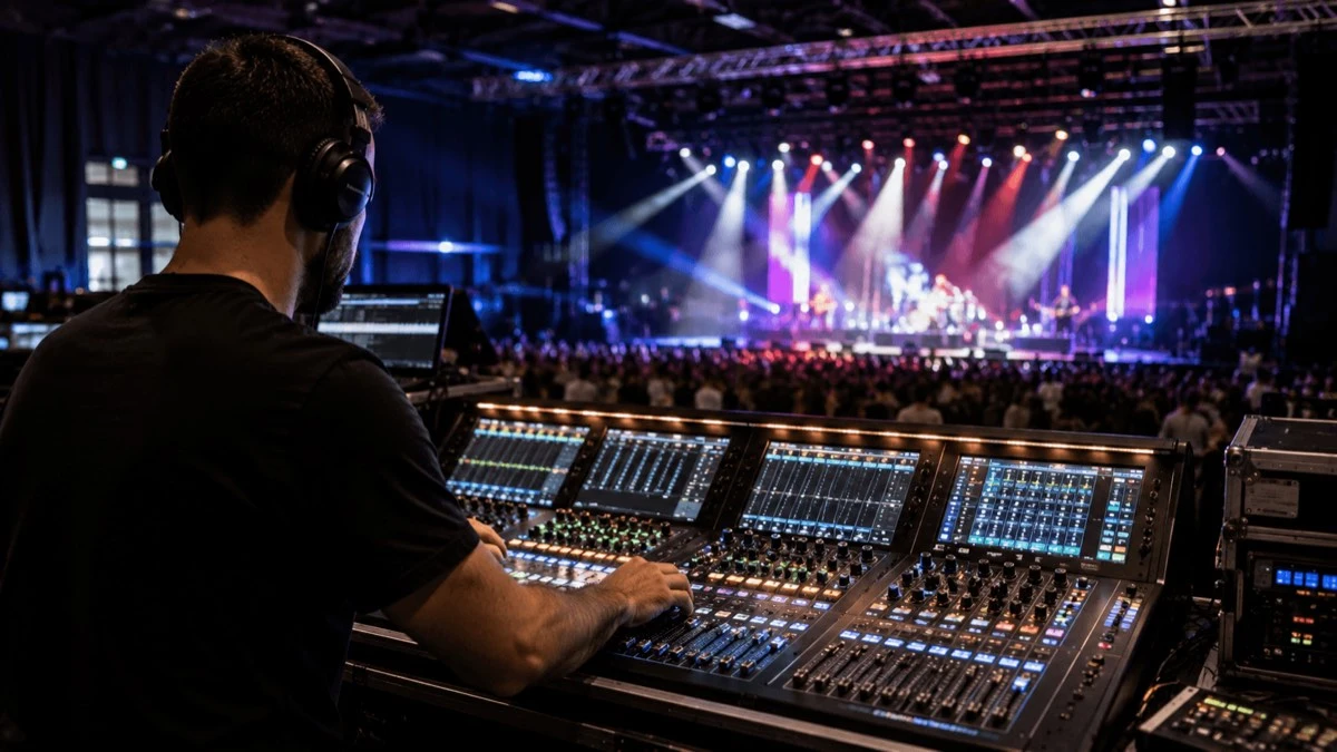 Audio engineer operating a digital mixing console at a live event